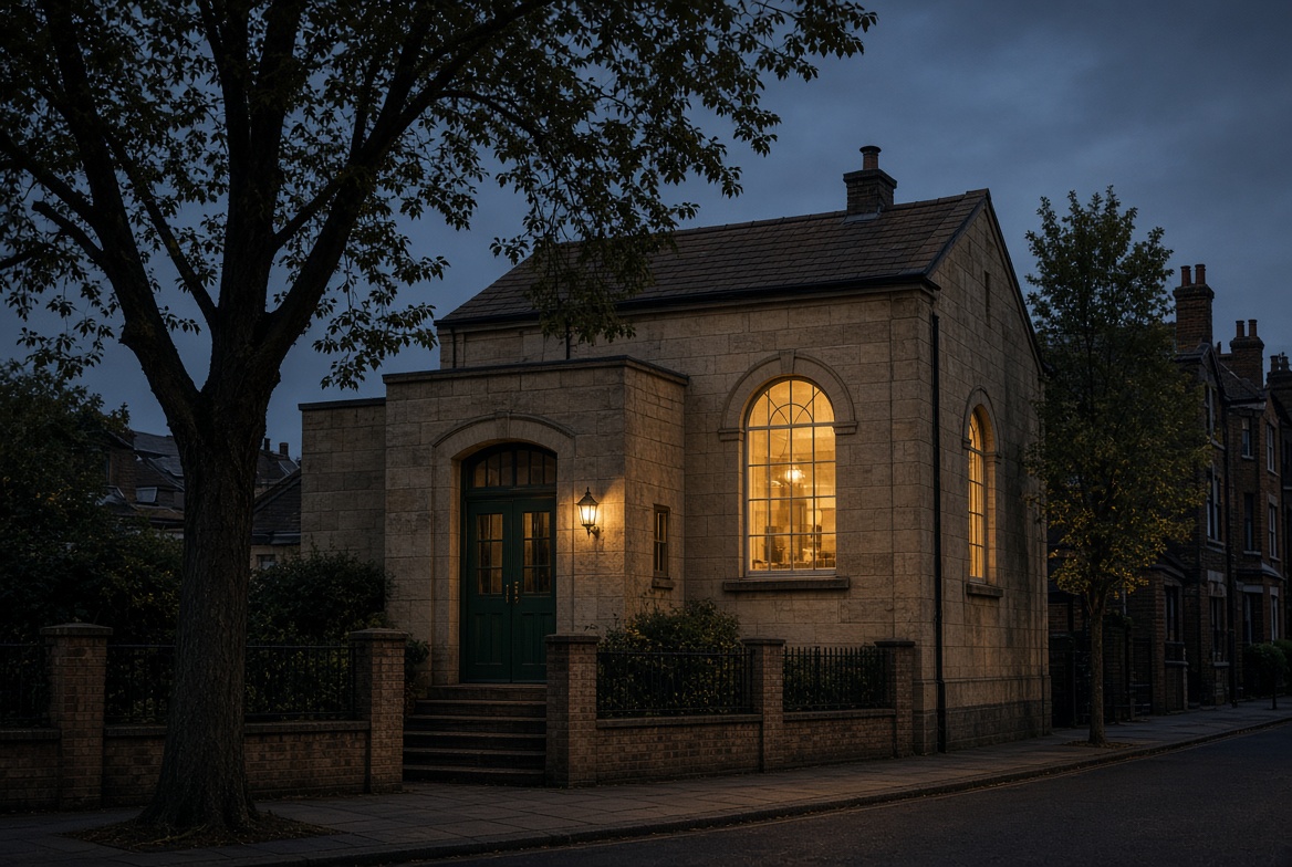 Church building at dusk with warm light in the windows