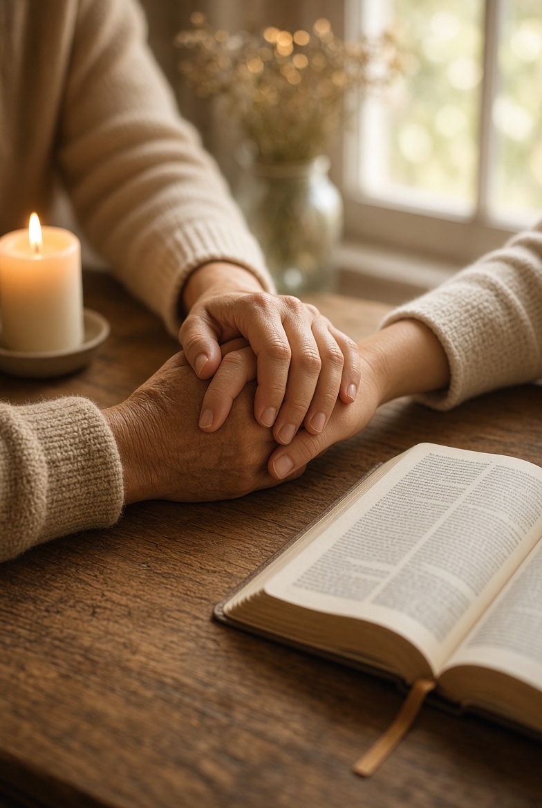 Hands joined in prayer beside an open Bible and a candle