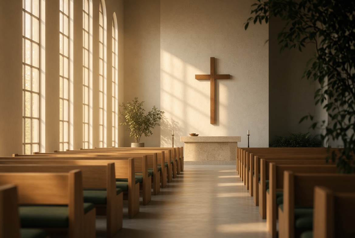 Sunlit sanctuary with a wooden cross and oak pews